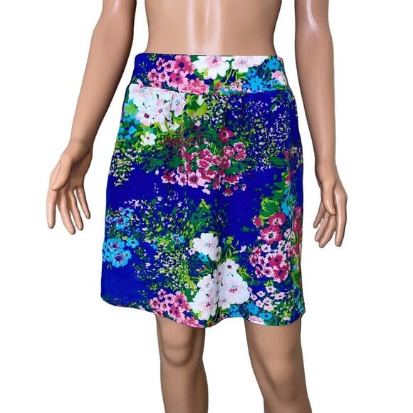 Francesca's / Alya brand blue skirt w pink & green floral pattern SZ M - Picture 2 of 9